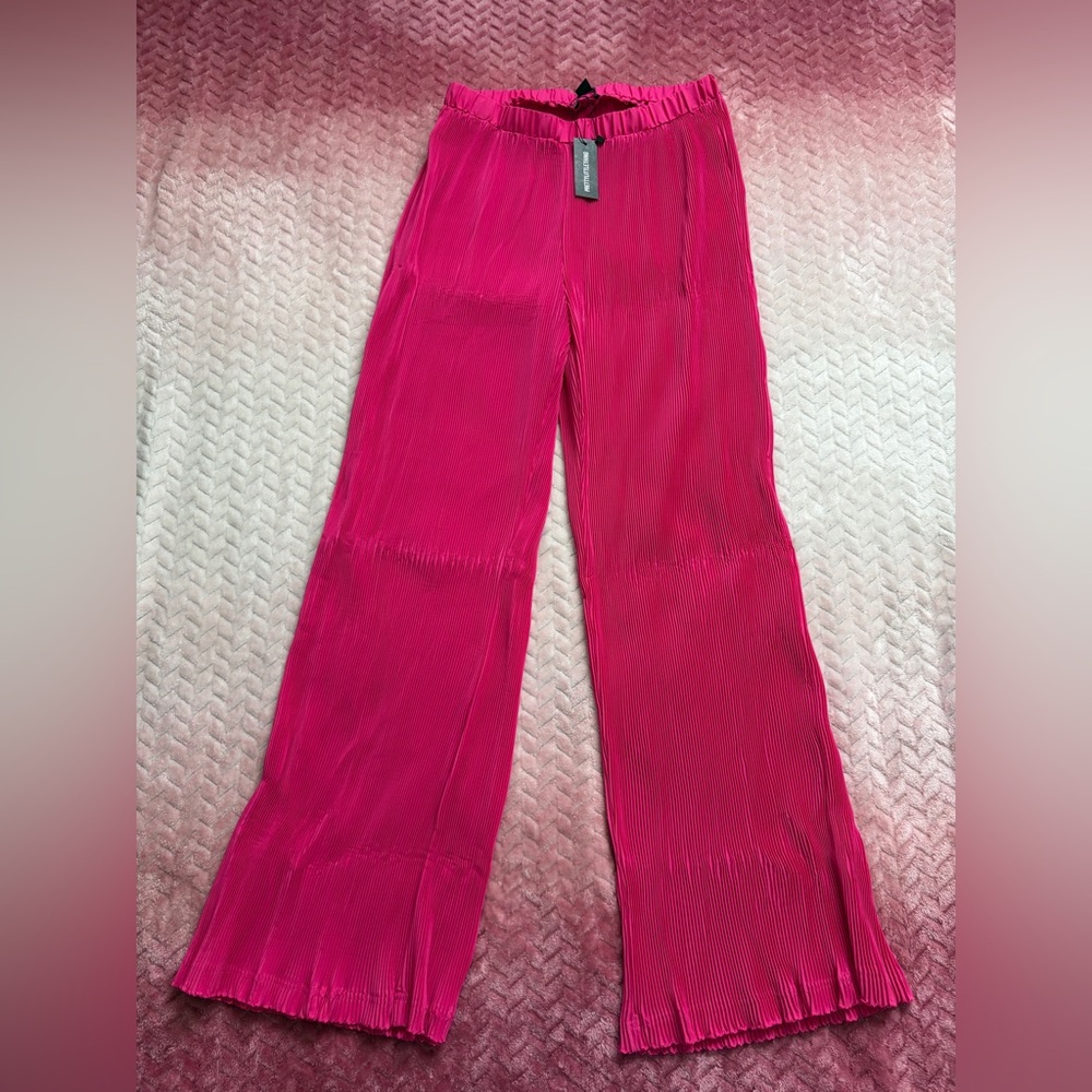 PrettyLittleThing Hot Pink Plisse High Waisted Wide Leg Trousers